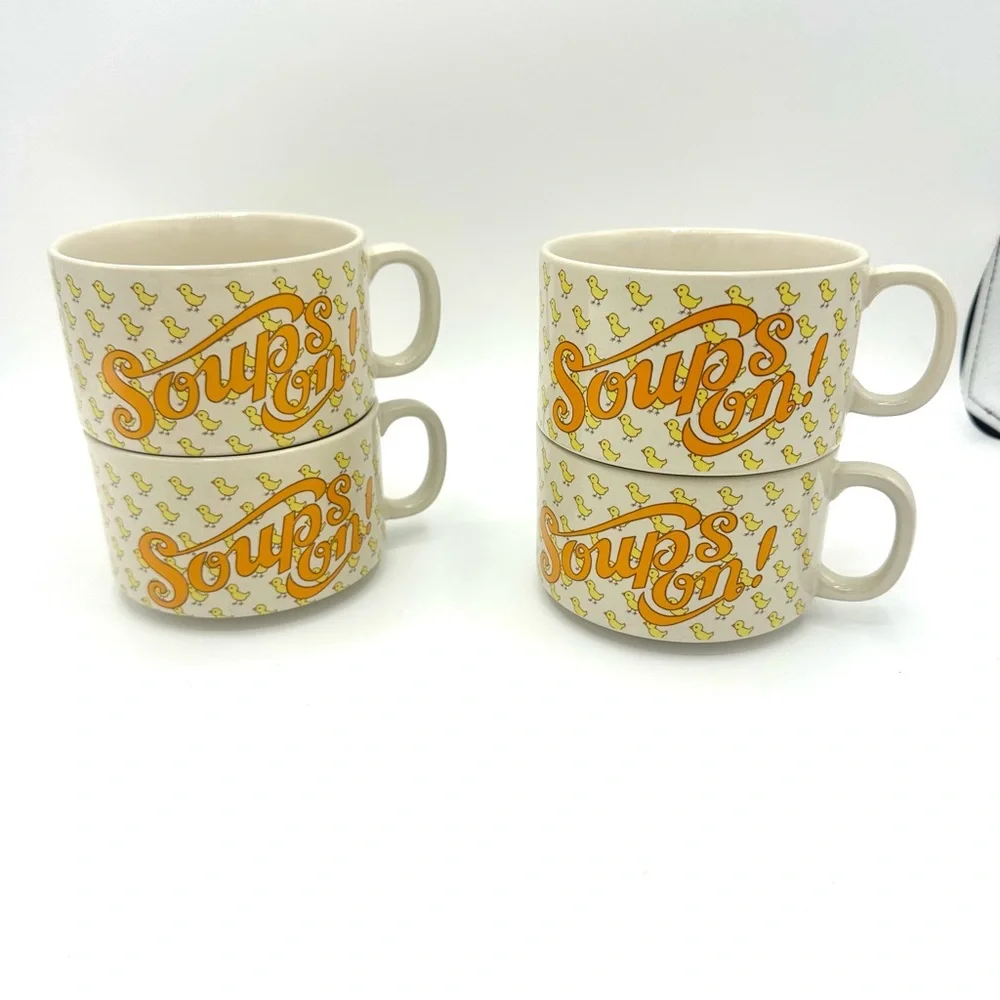 Vintage Kitschy 70s Japanese 'Soups On' Chicken Noodle Soup Mugs Set